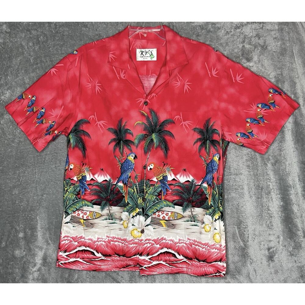 Vintage Ky’s Mens XL Red Aloha Shirt Parrots Palm Trees Made In Hawaii USA